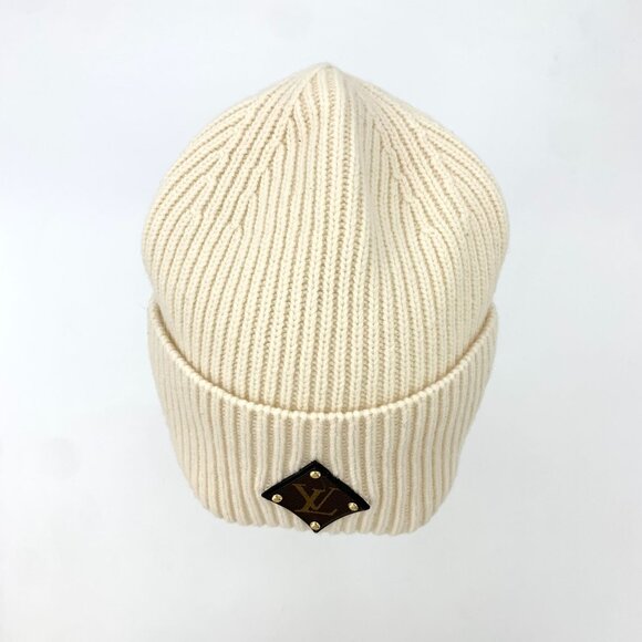 Louis Vuitton Beige Wool Knit Hat W/ Leather LV Logo Patch Winter Cap 52cm - Picture 5 of 9